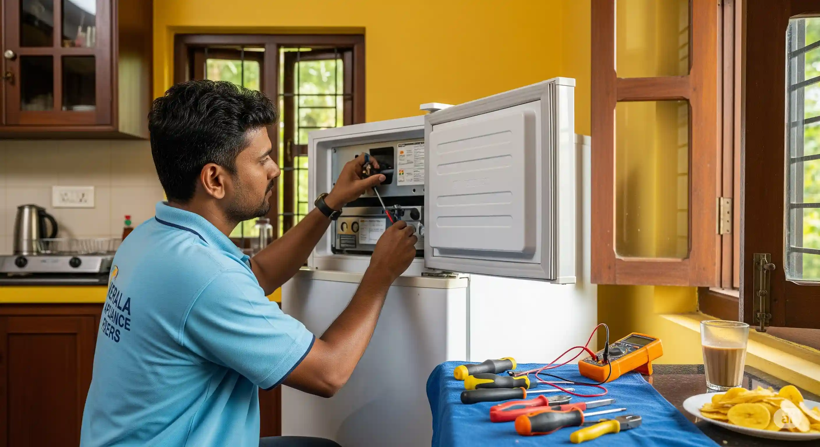 A person repairing a broken washing machine.