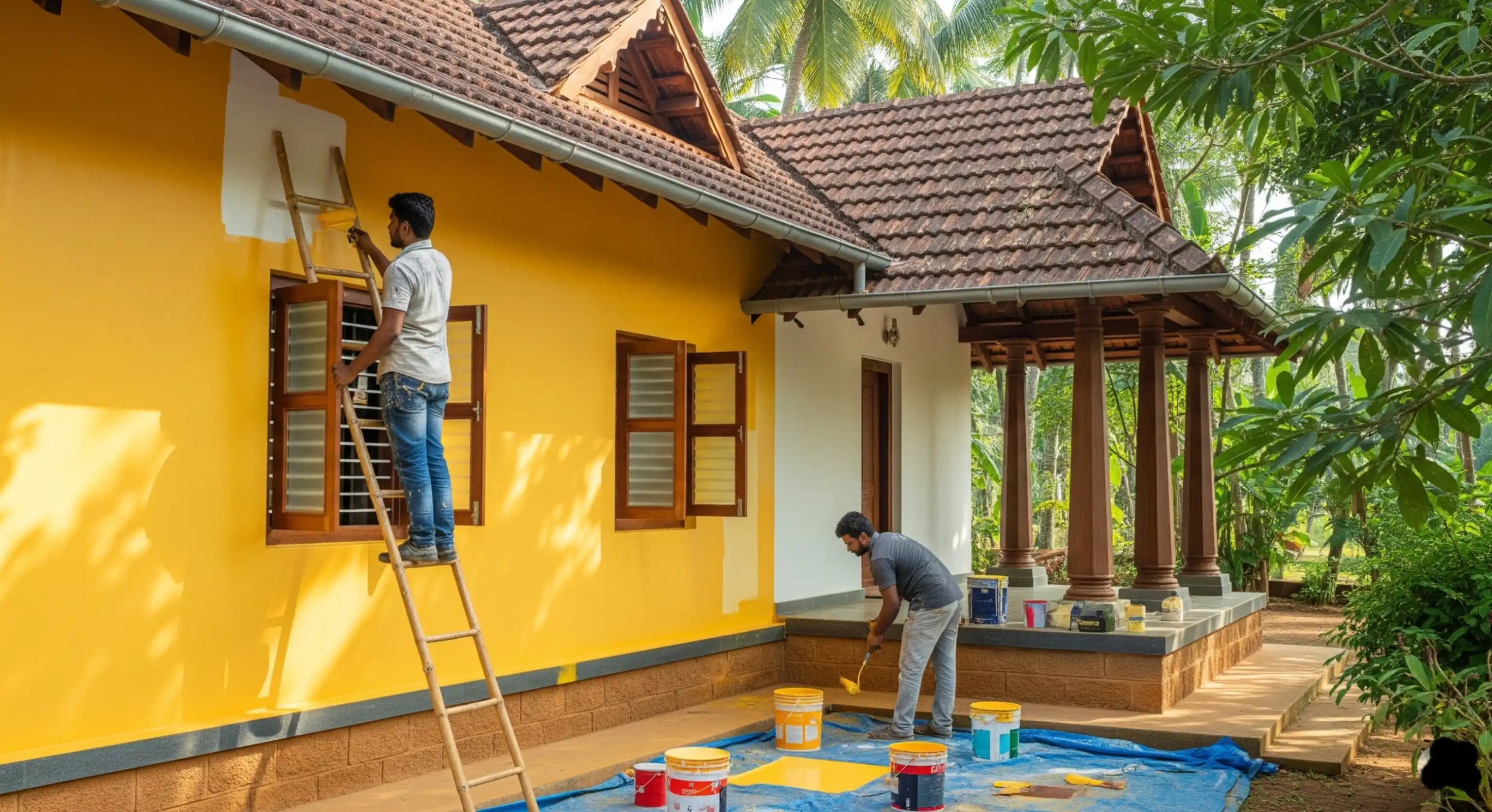 A freshly painted wall with a roller.