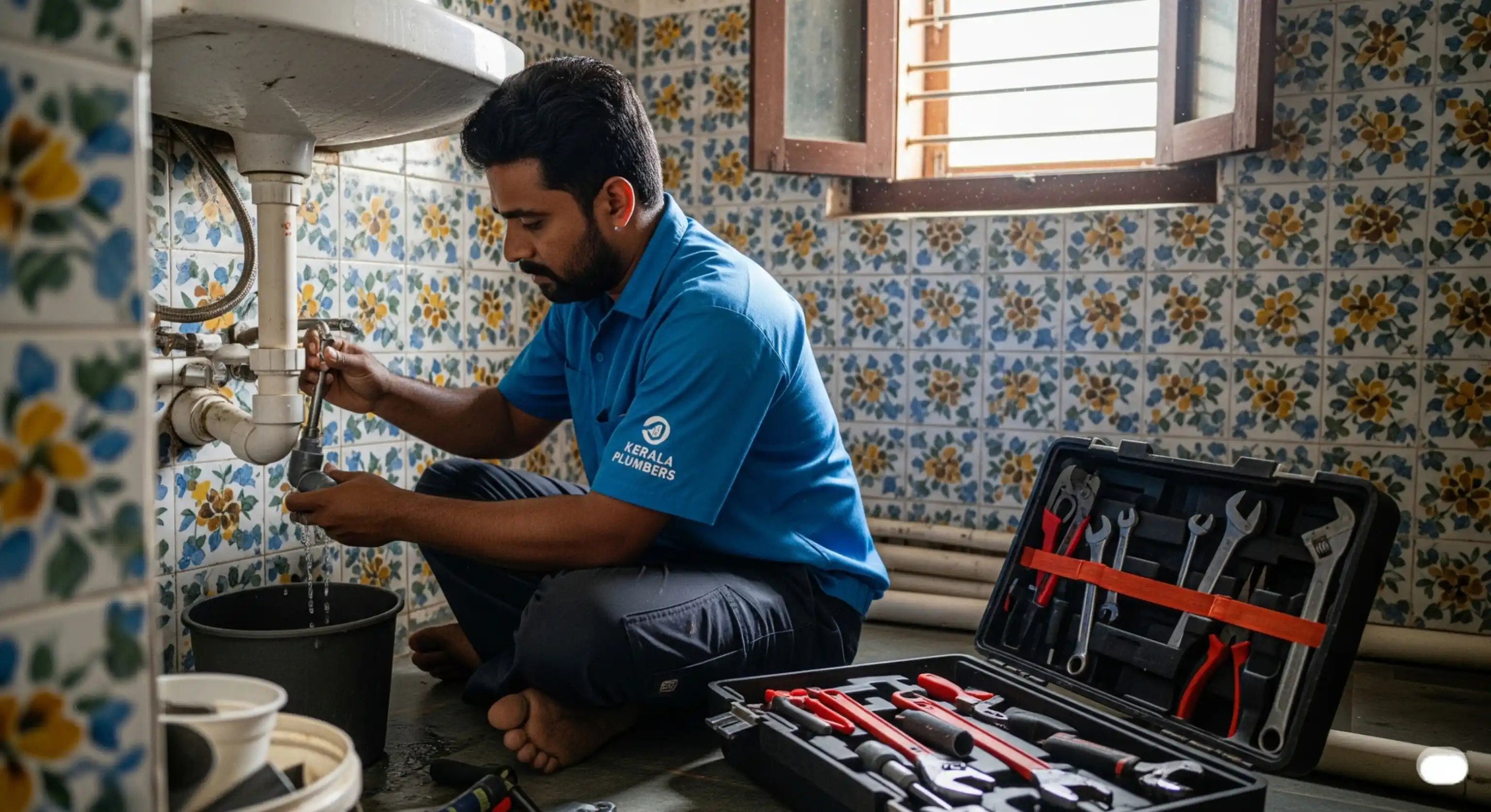 A set of plumbing tools on a workbench.